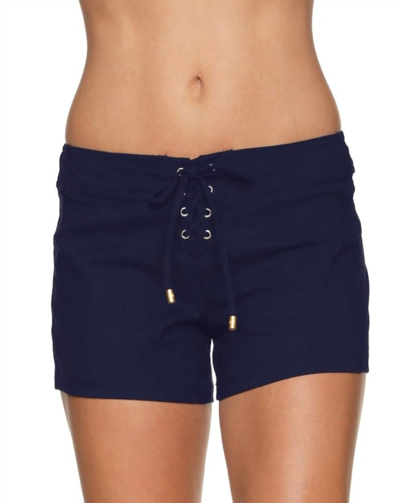 Front of a model wearing a size 12 4" Board Short In Navy in Navy by Helen Jon. | dia_product_style_image_id:352025